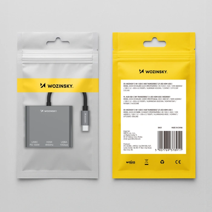 Hub Wozinsky WHCH-01 USB-C PD 100W HDMI 4K@30Hz USB-A 10Gbps - szary