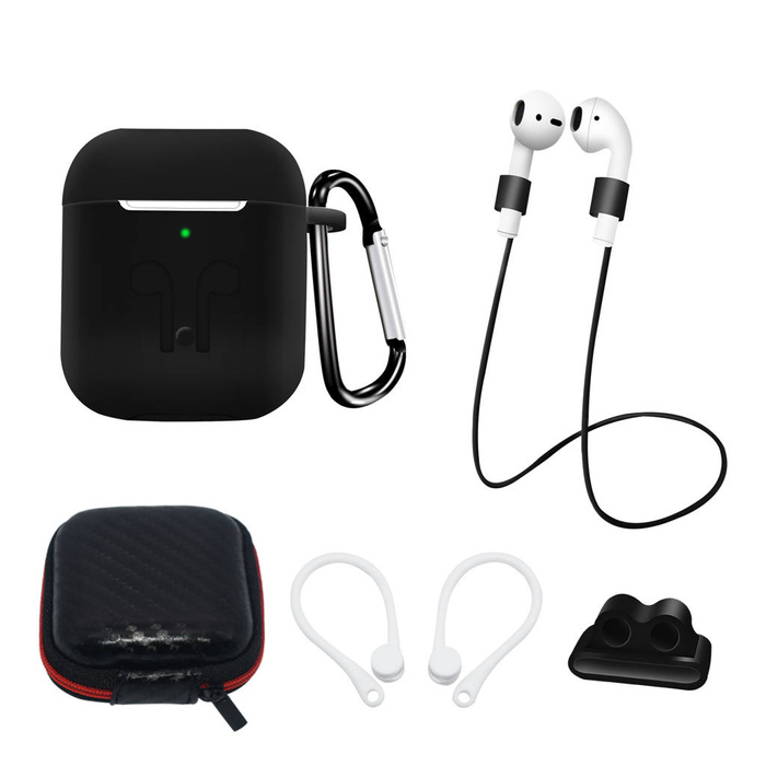 Juego de fundas de silicona para AirPods 2 / AirPods 1 + funda / gancho para la oreja / correa para el cuello / soporte para correa de reloj / mosquetón | negro