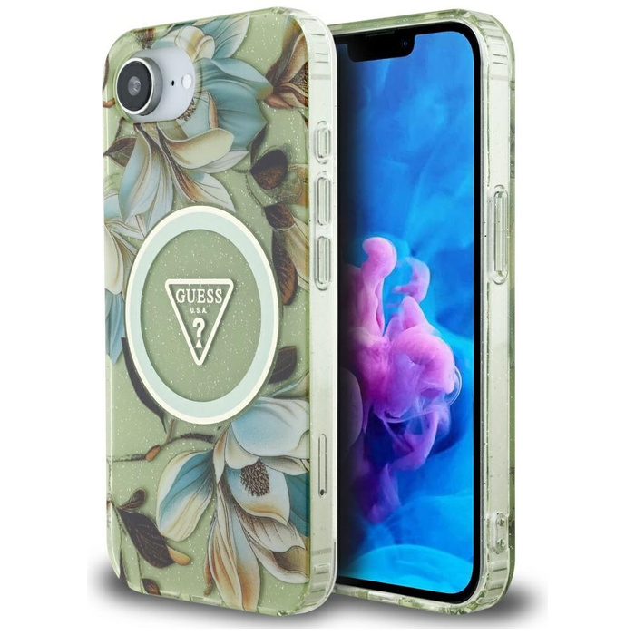 Etui Guess IML Metal Glitter Flowers     Triangle MagSafe do iPhone 16e zielony