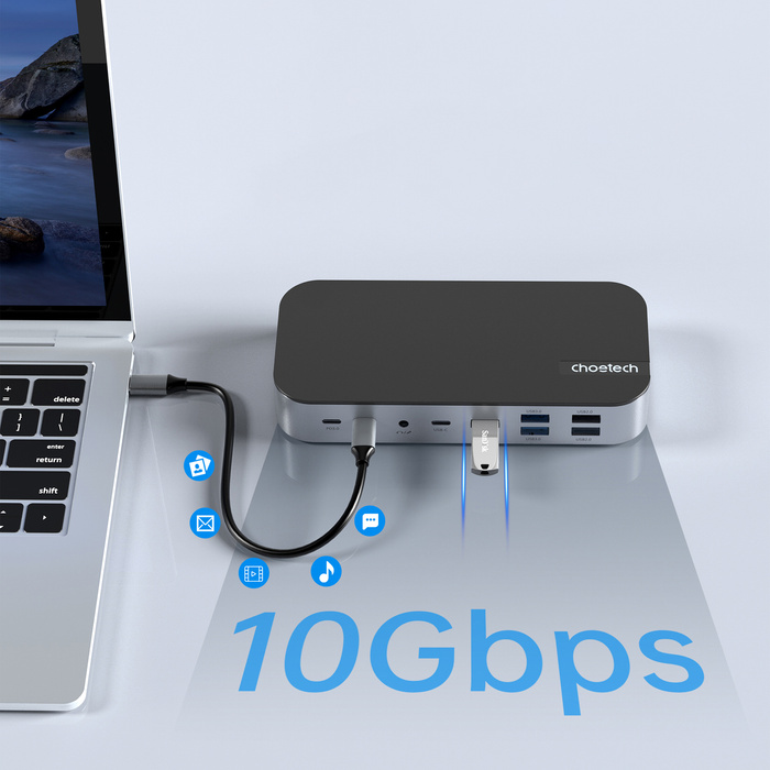 HUB Choetch M52 USB-C - USB-C PD/USB-C/USB-A/HDMI/VGA/DP/SD/TF/RJ45/AUX - gris