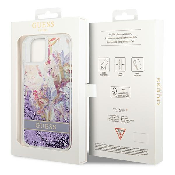 Hülle GUESS Apple iPhone 14 Plus Flower Liquid Glitter Lila Hartcase