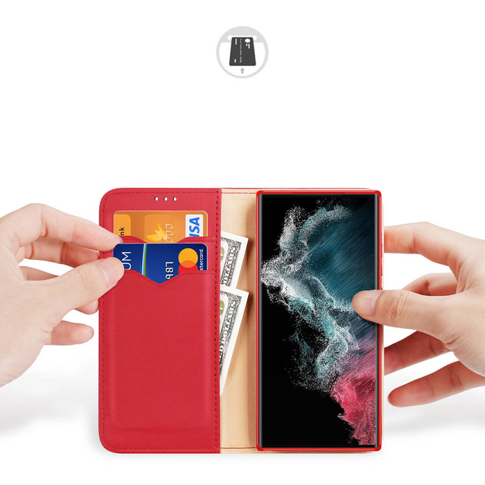 Dux Ducis Hivo obal Samsung Galaxy S23 Ultra flip cover wallet stand RFID lock red