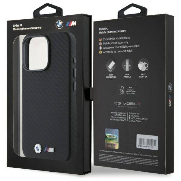 Hülle BMW iPhone 16 Pro schwarz/schwarz hartcase Carbon Wrapped Metal