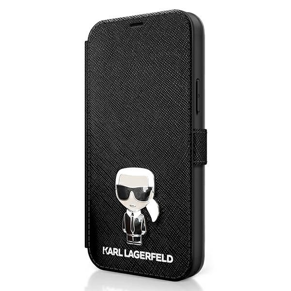 KARL LAGERFELD Apple iPhone 12 Mini 5.4 Book Saffiano Ikonik Metall KLFLBKP12SIKMSBK Hülle Schwarz