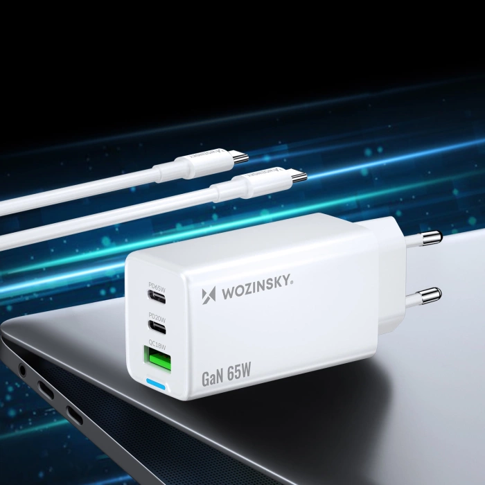 Wozinsky GaN 65W Ladegerät mit 2xUSB-C USB-Anschlüssen mit 65W CC-Kabel - Weiß