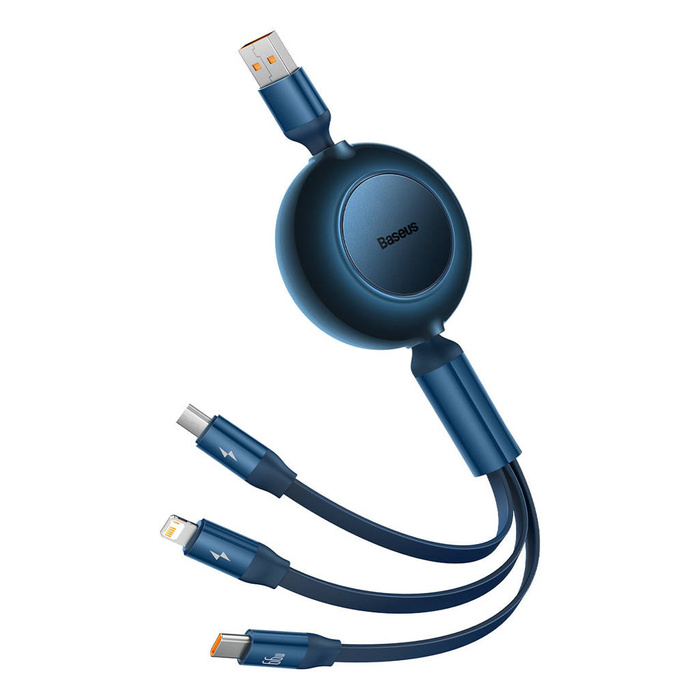 Baseus Bright Mirror 2 zatahovací kabel 3v1 USB typ A - micro USB + Lightning + USB typ C 66W 1,1 m modrý (CAMJ010103)