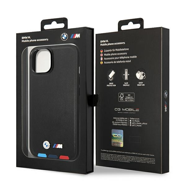 Hülle BMW BMHMP14M22PTDK iPhone 14 Plus 6,7" schwarz/schwarz Leder Stempel Tricolor MagSafe