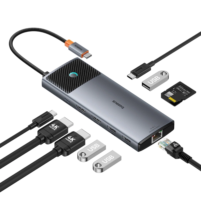 HUB 10in1 Baseus Metal Gleam Series II USB-C na HDMI 4K 120 Hz / HDMI 4K 60 Hz / USB-A 10 Gb/s / 2xUSB-A 480 Mb/s / USB-C 10 Gb/s / RJ45 / SD / TF / USB-C PD - šedá