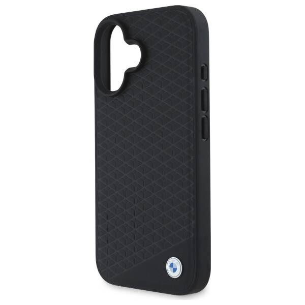 Hülle BMW iPhone 16 6.1" schwarz/schwarz hartcase Schild Leder Diamant Metall Logo MagSafe