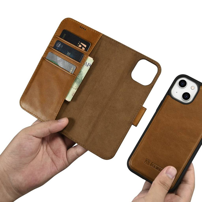 iCarer Oil Wax Wallet Case 2in1 case iPhone 14 Leather Flip Cover Anti-RFID marrón (WMI14220721-TN)