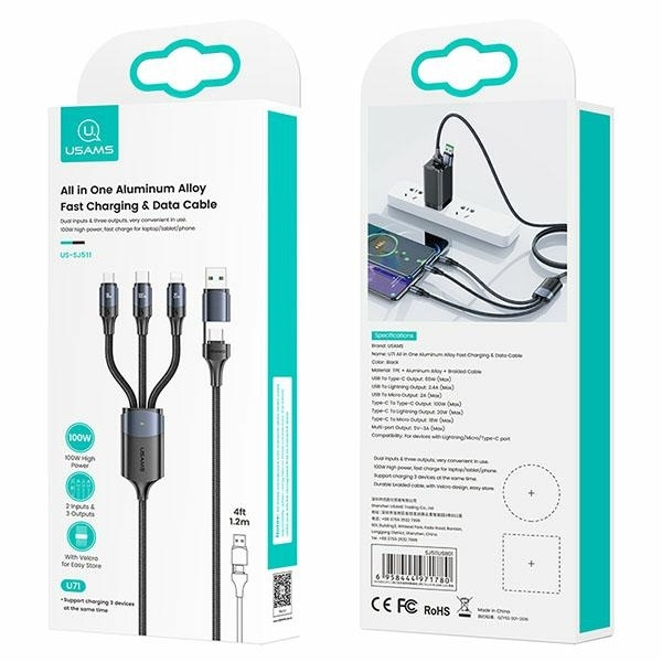 USAMS Cable U71 3in1 1.2m 6A Fast Charge black/black (USB/USB-C to lightning/microUSB/USB-C) SJ511USB01 (US-SJ511)