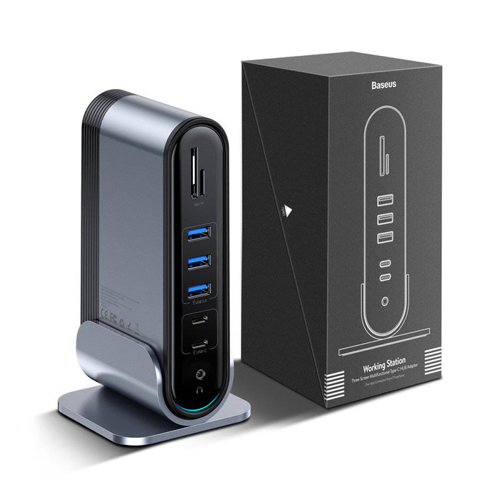 Baseus multifunkčný HUB 3x USB 3.2 Gen 1 / 2x USB Typ C / SD a micro SD / AUX / 2x DisplayPort / 2x HDMI / RJ45 1Gbps Napájanie 100 W (zástrčky EÚ / CN / UK) sivá (CAHUB-DG0G)