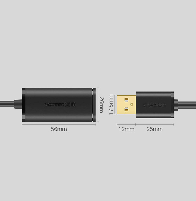 Ugreen aktivní prodlužovací kabel USB-A (samec) - USB-A (samice) USB 2.0 480Mbps 15m černý (US121)