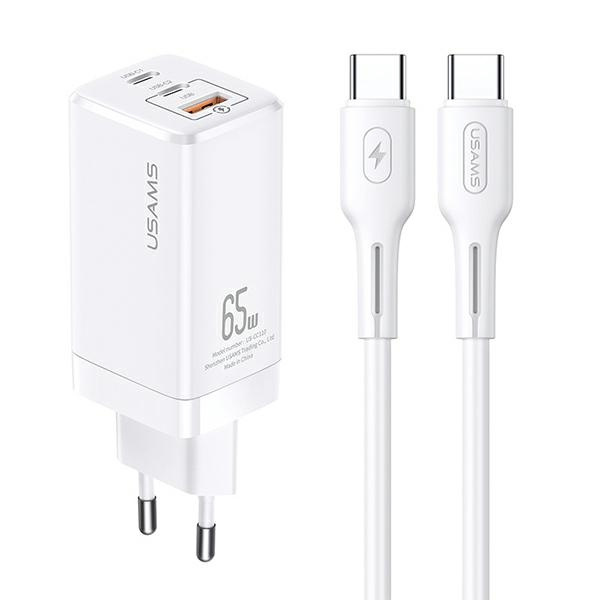 Nabíječka USAMS 2xUSB-C USB-A GaN 65W MT PD Kabel USB-C USB-C 100W Rychlé nabíjení MTXLOGTC02 Bílá barva