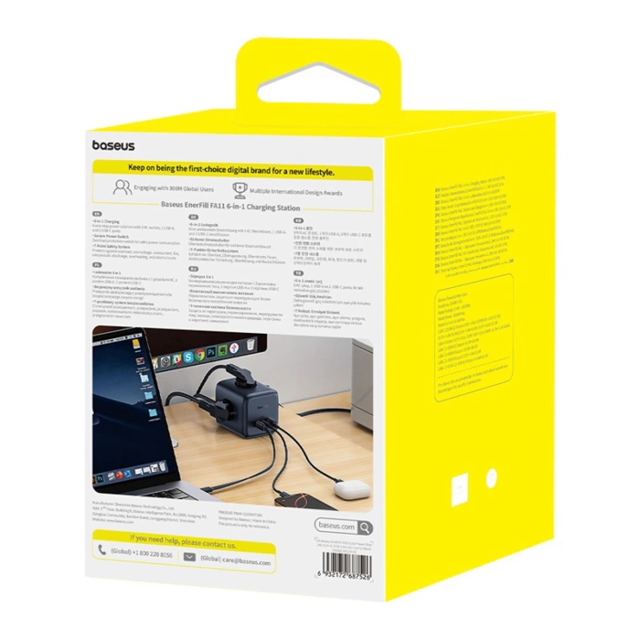 Baseus EnerFill FA11 67W Steckdosenleiste, USB-A + USB-C Würfel + 3 x EU-Steckdose 1,5m - Schwarz