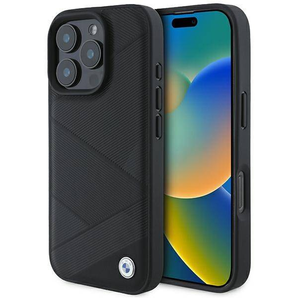 Case BMW iPhone 16 Pro 6.3" black/black hardcase Sign Leather Crossing Lines Pattern