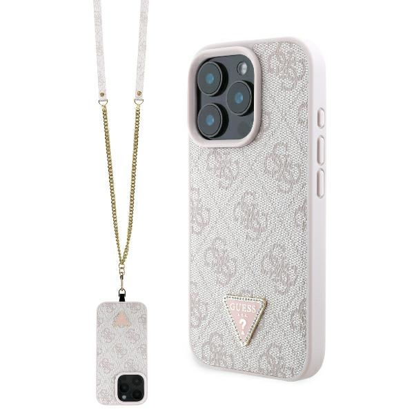 Etui Guess iPhone 16 Pro 6.3" różowy/pink hardcase Leather Metal Logo Strass Crossbody