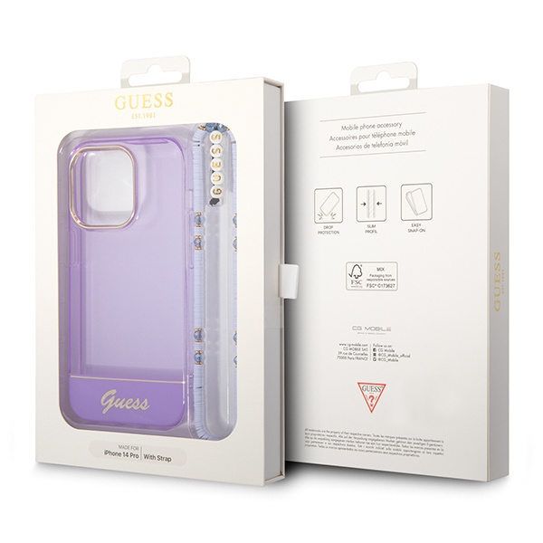 Case GUESS Apple iPhone 14 Pro Max Translucent Pearl Strap Purple Hardcase