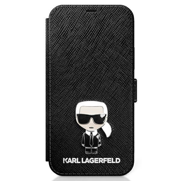 Pouzdro KARL LAGERFELD Apple iPhone 12 Mini 5.4 Book Saffiano Ikonik Metal KLFLBKP12SIKMSBK Black Case