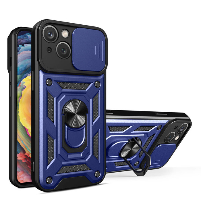 Hybrid Armor Camshield Case se stojánkem a krytem fotoaparátu pro iPhone 15 Plus – modrý