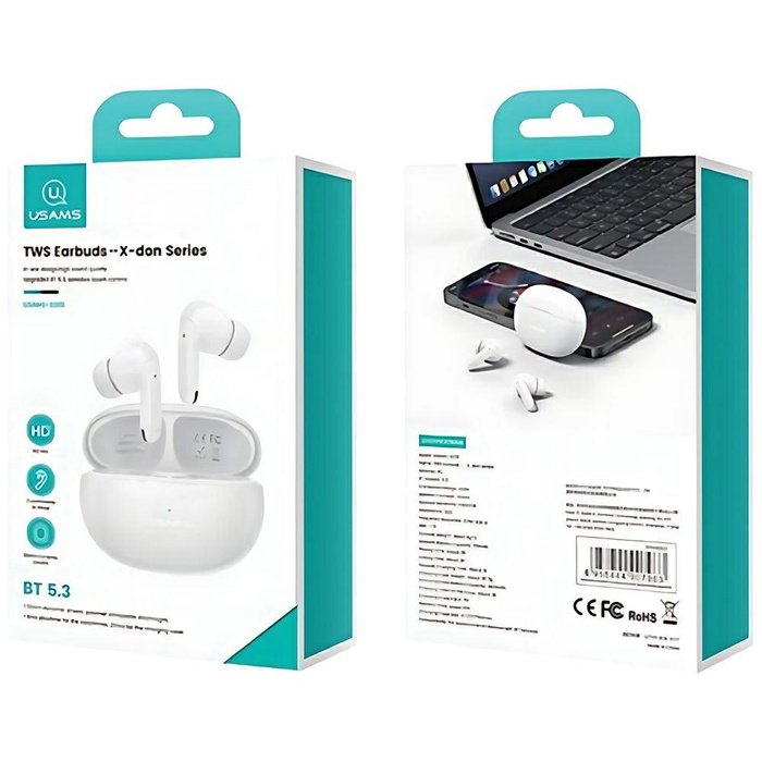 USAMS Słuchawki Bluetooth 5.3 TWS X-Don Series Dual mic ENC bezprzewodowe biały/white BHUXD02 (USAMS-XD18)