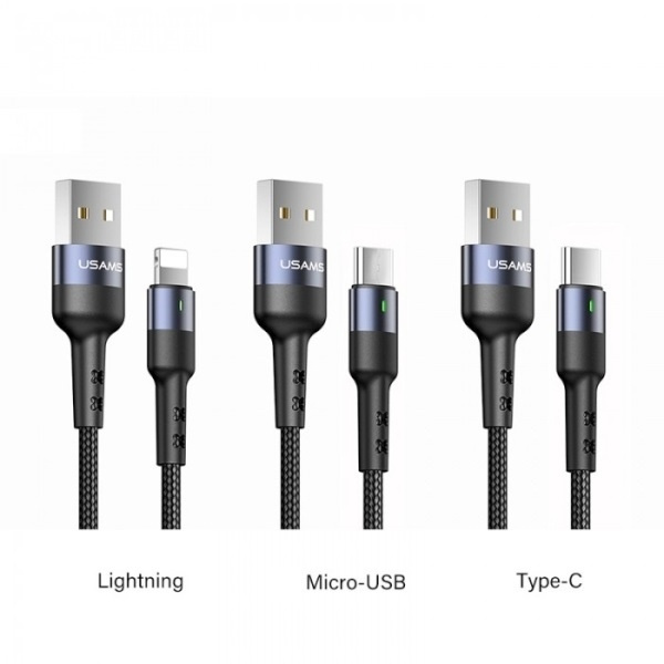  Trenzado USAMS MicroUSB USB-C Lightning 2A Carga rápida 1m U26 30pcs Negro