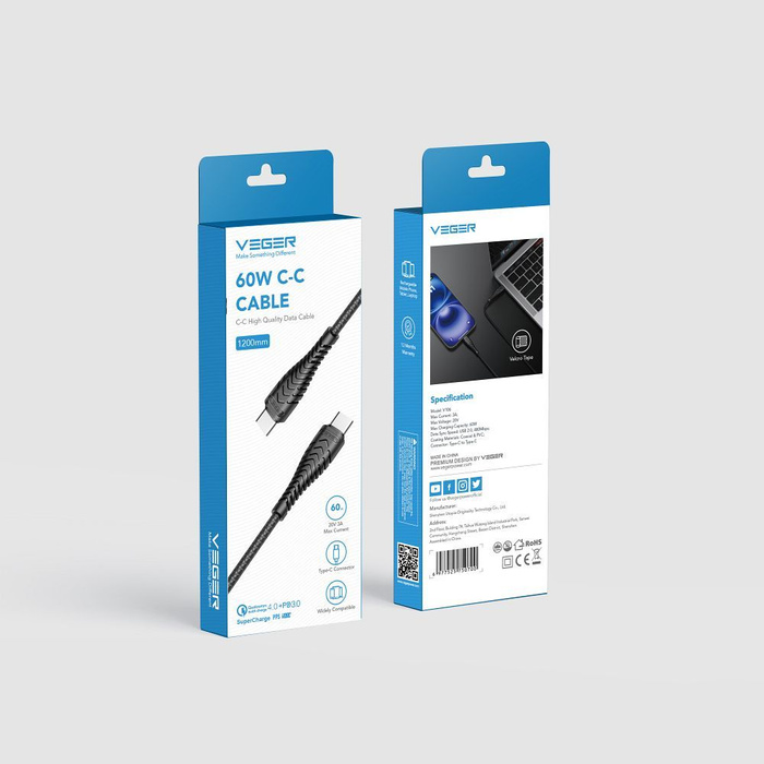Kabel Typ C do Typ C VEGER PD 3A 60W V106 1,2 m czarny
