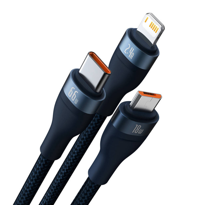 Baseus Flash Series Ⅱ 3in1 cable with fast charging USB-A to USB-C / Micro-USB / Lightning 66W 480Mb/s 1.2m blue