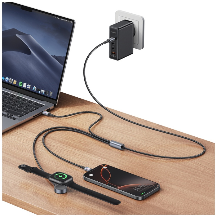 Kabel USAMS Huan 72W USB-C do USB-C z Ładowarką Bezprzewodową do Zegarka SJ754 Matowy