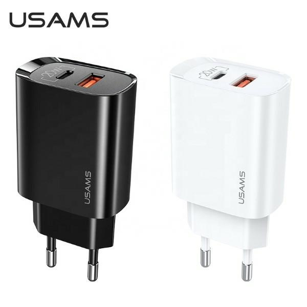 Chargeur USAMS 1xUSB-C 1xUSB T35 PD3.0 QC3.0 20W Chargement rapide CC121TC02 US-CC121 Noir