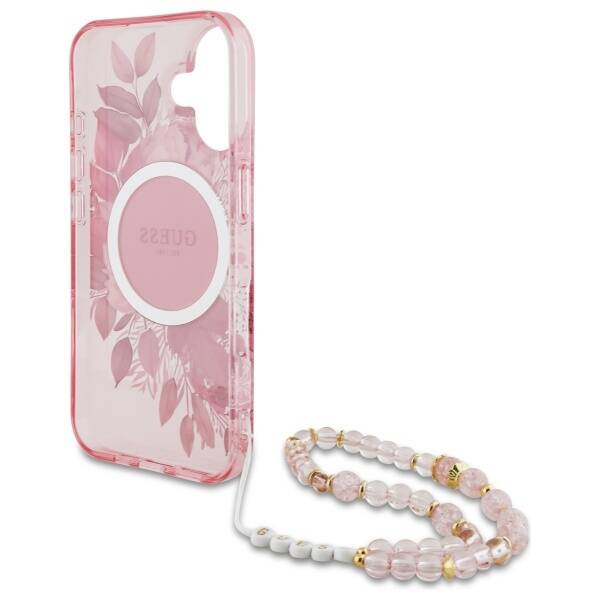 Etui Guess iPhone 16 6.1" różowy/pink hardcase IML Flowers With Pearl Strap MagSafe