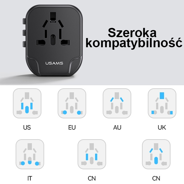 Nabíječka USAMS. 2xUSB T55 12W adaptér 4v1 US/AU/EU/UK černý/černý CC173TC01 (US-CC173) Cestovní nabíječka Univesal
