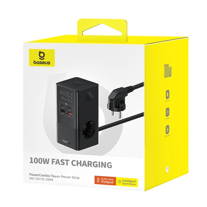 Baseus PowerCombo Tower Charging Station 100W 2 x EU + 2 x USB-A + 2 x USB-C 1.5m - Black