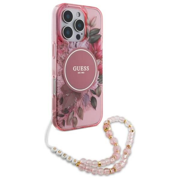 Etui Guess iPhone 16 Pro 6.3" różowy/pink hardcase IML Flowers With Pearl Strap MagSafe