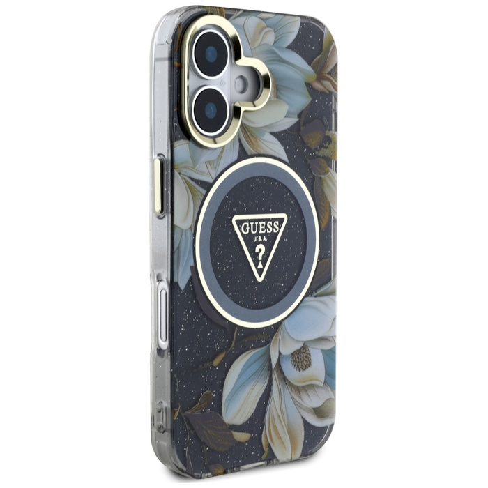 Etui Guess Glitter Flowers Triangle       Buttons MagSafe do iPhone 16 czarny