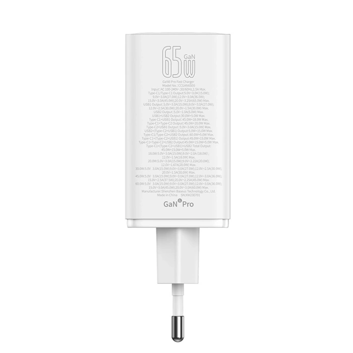 Ładowarka Baseus GaN6 Pro 65W 2 x USB-C 2 x USB-A z czarnym kablem USB-C 100W 1m - biała
