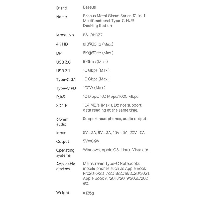 Baseus Metal Gleam multifunkční HUB USB Type C 12in1 HDMI / DP / USB Type C / minijack 3,5 mm / RJ45 / SD (WKWG020213)