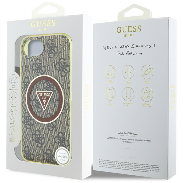 Etui Guess IML Metal Glitter 4G Circle   Triangle MagSafe do iPhone 16e brązowy