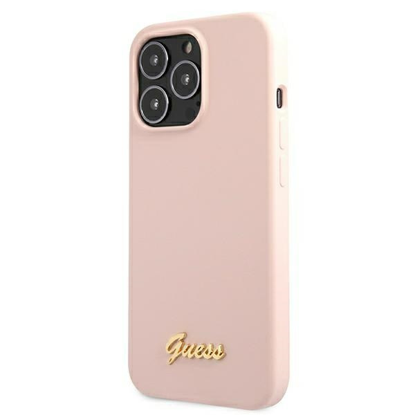 Pouzdro GUESS Apple iPhone 13 13 Pro Silicone Script Gold Logo MagSafe Pink Hardcase