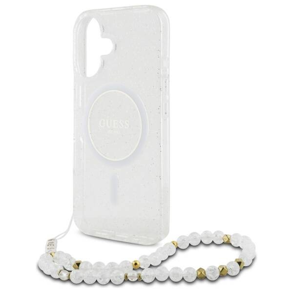 Etui Guess iPhone 16 6.1" przeźroczysty/transparent hardcase IML Glitter With Pearl Strap MagSafe