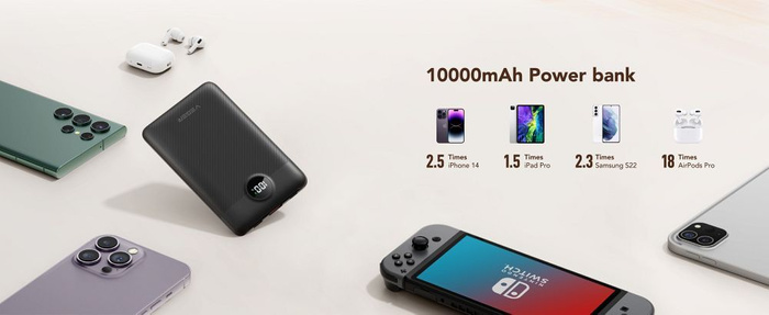 Powerbank Veger C11 (W1170) PD QC3.0 2A 22,5W 10 000 mAh z wbudowanymi kablami USB C / Lightning czarny