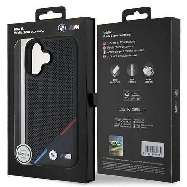 Coque BMW iPhone 16 Plus 6.7" noir/noircase M Perforated Tricolor Line MagSafe