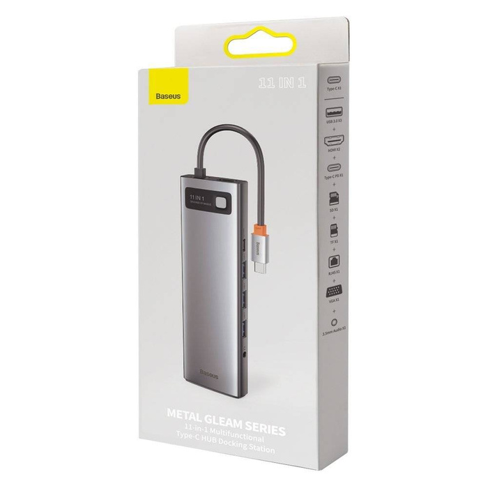 Baseus Metal Gleam 11in1 Multifunktions-HUB USB Typ C - 3x USB 3.2 Gen 1 5Gbps / USB Typ C PD 100W / 3,5 mm Miniklinke AUX / VGA Full HD 60Hz / 2x HDMI 4K 30Hz / TF und SD Kartenleser / RJ45 1Gbps grau (CAHUB-CT0G)