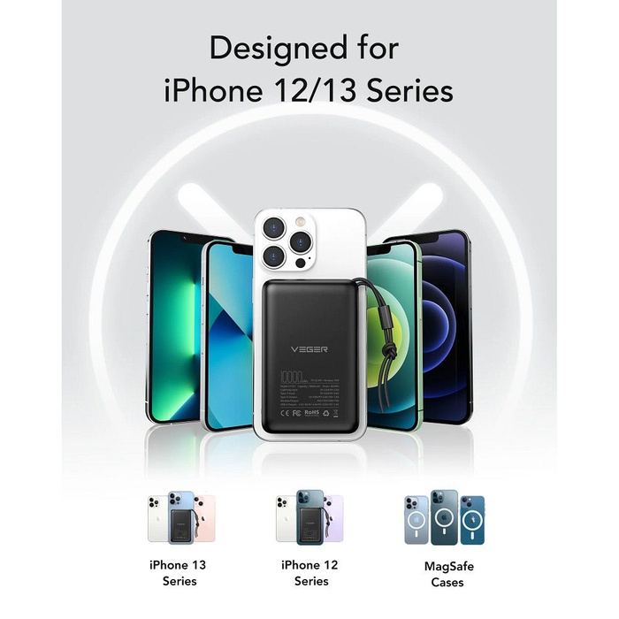 Powerbank zgodny z MagSafe Veger MagOn (VP1151 / W1151) PD QC3.0 2A 20W z ładowaniem indukcyjnym czarny