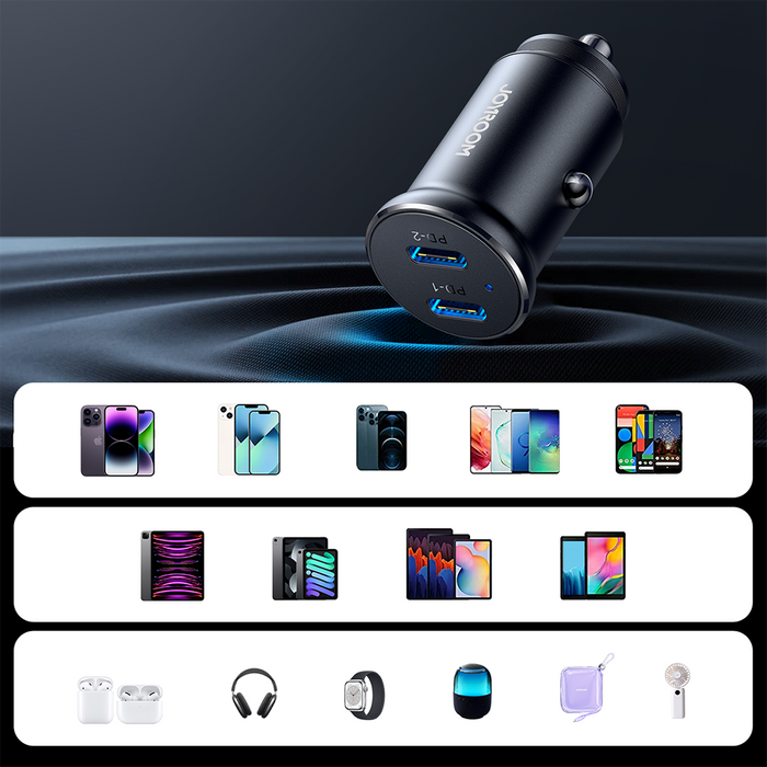 Joyroom JR-CCN06 30W 2x USB-C mini nabíječka do auta kovová - černá