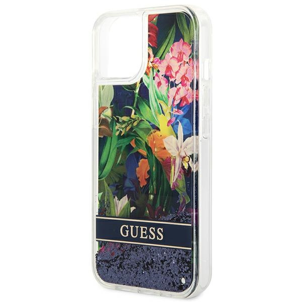 Hülle GUESS Apple iPhone 14 Blume Liquid Glitter Blau Hartcase