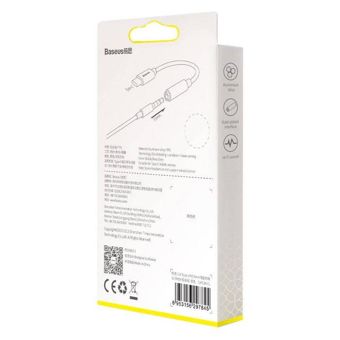 Baseus L54 sluchátkový adaptér USB-C na 3,5 mm audio jack DAC 24bitový 48 kHz černý (CATL54-01)