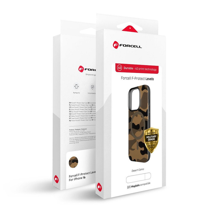 Etui na iPhone 16 PRO MAX Forcell F-Protect Levels Dual Layer 4D technology zgodny z MagSafe Military Drop-Test desert camo