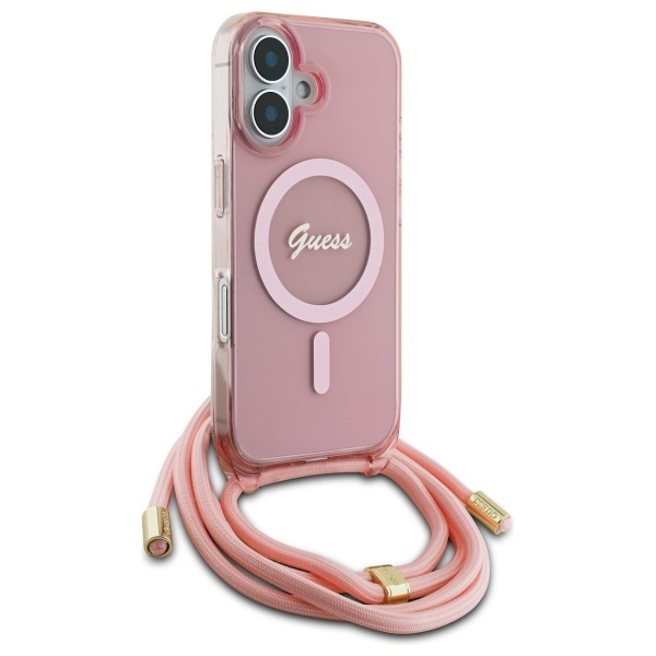 Etui Guess iPhone 16 różowy/pink hardcase Crossbody Cord Script MagSafe