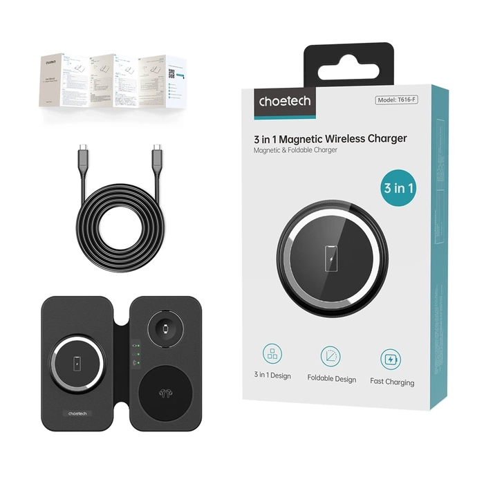 Choetech T616-F 3in1 inductive charger compatible with Apple and Samsung devices - black